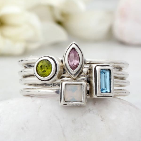 Set of 4 Silver Stacking Family Birthstone Rings • Perfect for a Family of Four • Mothers Gift • Family Gemstone Rings • Minimalist Rings