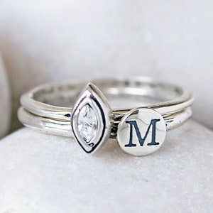 Initial and Birthstone Ring Set in Sterling Silver New Mom Gift Mother's Ring Set Minimalist Rings Gemstone and Letter Rings image 1