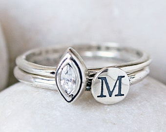 Initial and Birthstone Ring Set in Sterling Silver • New Mom Gift • Mother's Ring Set • Minimalist Rings • Gemstone and Letter Rings