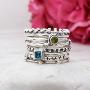 Sterling Silver Stack Ring Set Design Your Own Meaningful Rings with Birthstone Minimalist Sterling Stacking Rings