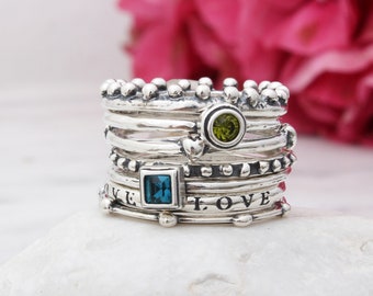 Sterling Silver Stack Ring Set Design Your Own Meaningful Rings with Birthstone Minimalist Sterling Stacking Rings