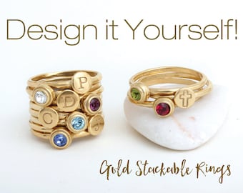 Stacking Gold Rings • Gold Stack Ring Set with Initials and Birthstones • Design your Own Mothers Ring or Family Ring • Gift for Mom • Toozy