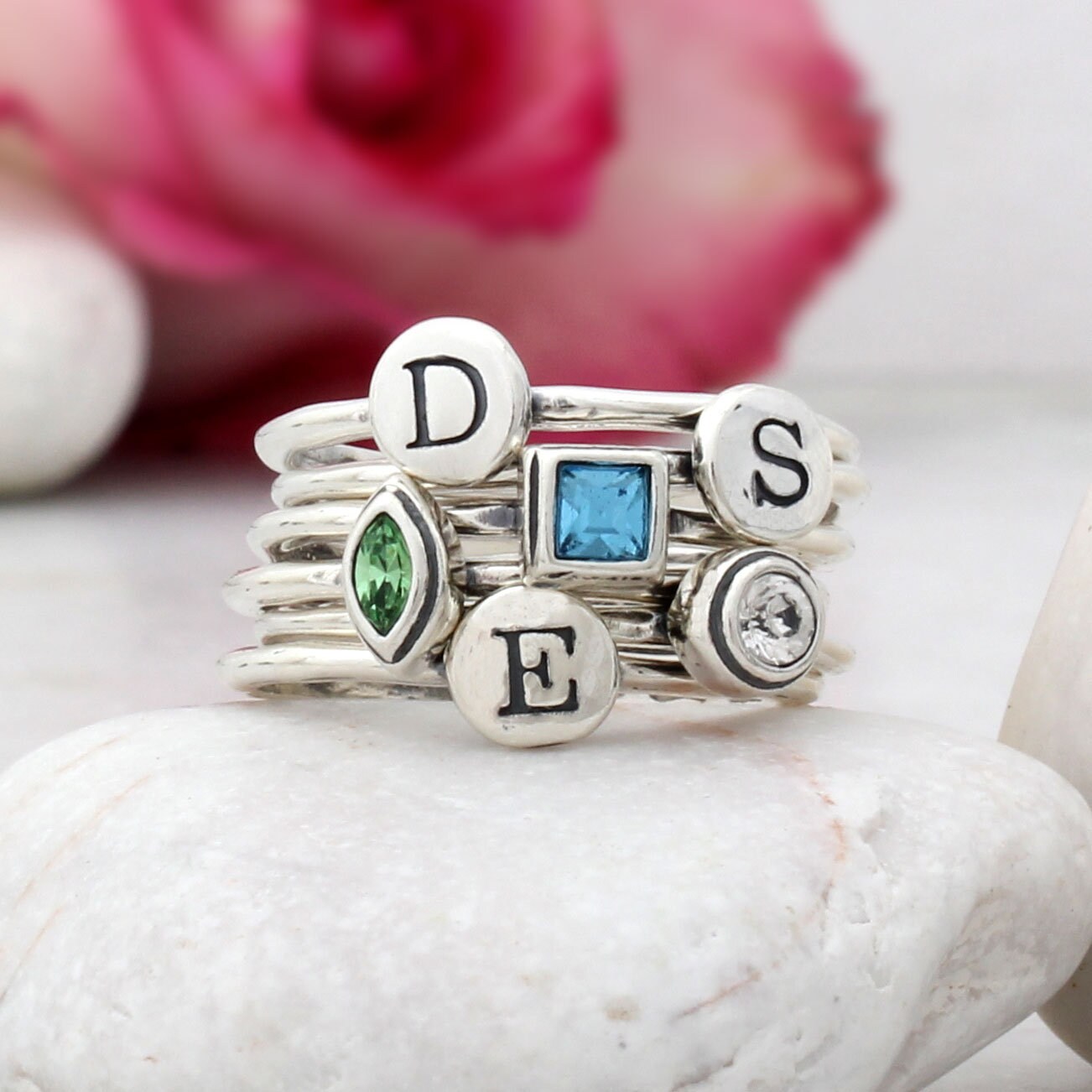 Stackable Mothers Birthstone ring set of Two Sterling silver premium birthstone  rings made to order in your size