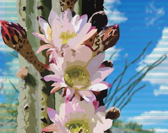 Blooming Cactus Print | Desert Botanical Wall Art | Pink Cactus Flower | Southwest Decor | Saguaro Art Print