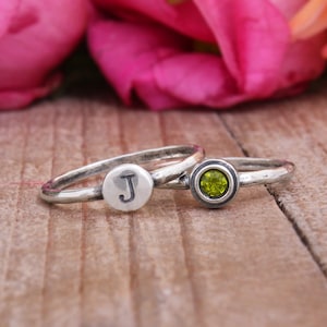 Set of 2 Rings Stackable Sterling Silver Rings ~ One Initial and One Birthstone • Girl&#39;s Birthday • Dainty Jewelry •  New Mom Gift