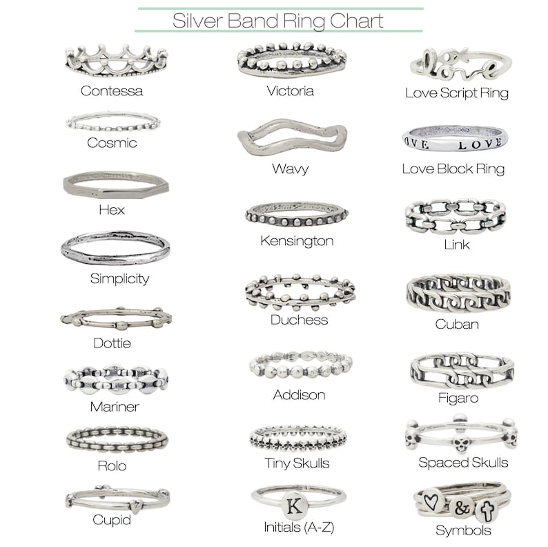 May include: Chart of silver band rings with names like Contessa, Victoria, Love Script Ring, Cosmic, Wavy, Love Block Ring, Hex, Kensington, Link, Simplicity, Duchess, Cuban, Dottie, Addison, Mariner, Figaro, Rolo, Tiny Skulls, Spaced Skulls, Cupid, Initials (A-Z), and Symbols.