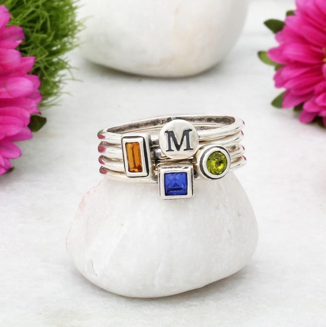 Silver Stacking Family Birthstone Ring Set • Mother's Ring Set ...