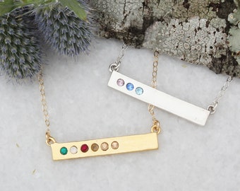 Silver Bar Necklace with Birthstones • Stamped with "Blessed" • Sterling Birthstone Bar • Personalized Mother's Necklace • Gemstone Necklace