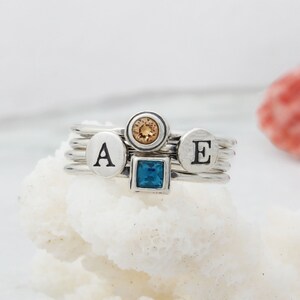 Stacking Ring Set of 4 for Mom Two Initial Rings and Two Stackable Birthstone Rings in Sterling Silver Mother&#39;s Ring Family Ring for Her