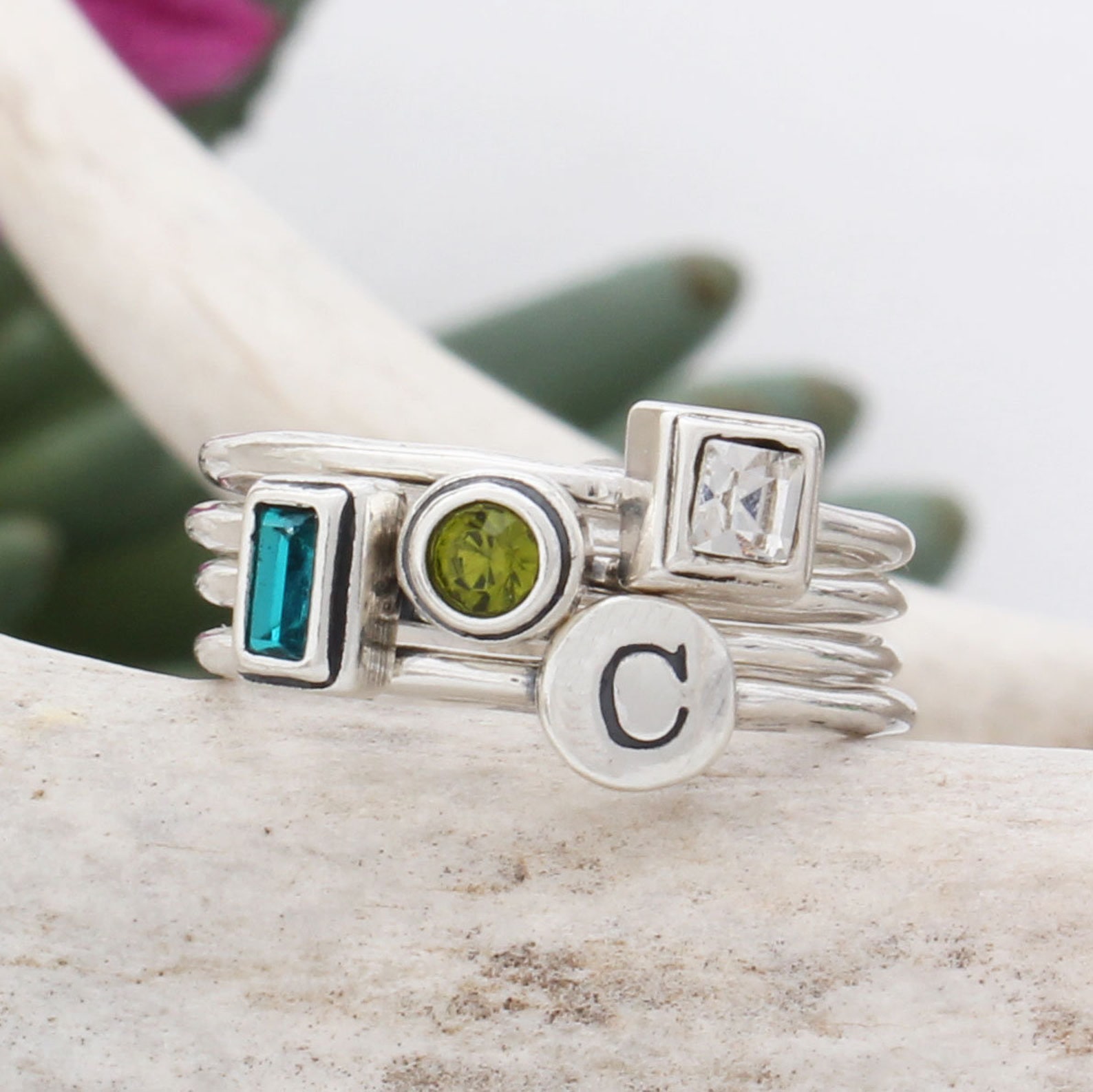 Mother's Stackable Birthstone & Initial Rings in Sterling Silver • 3 ...