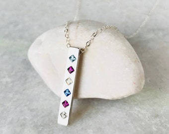 Sterling Silver Bar Necklace with Birthstones •  Mothers Birthstone Necklace • Vertical Bar Necklace • Family Birthstone Necklace • TOTEM