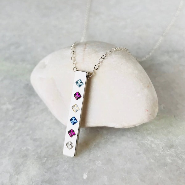 Sterling Silver Bar Necklace with Birthstones •  Mothers Birthstone Necklace • Vertical Bar Necklace • Family Birthstone Necklace • TOTEM