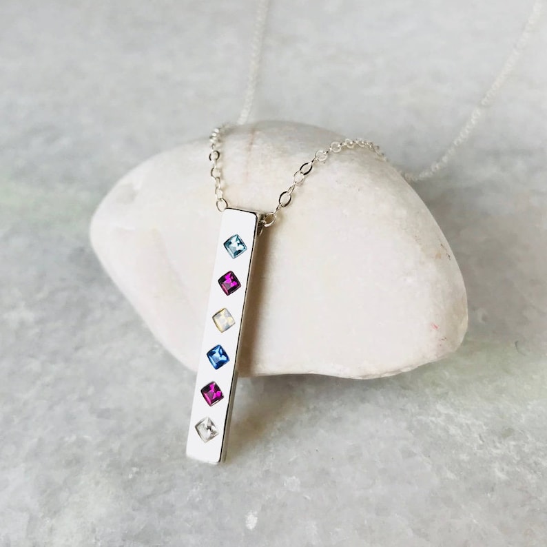 Sterling Silver Bar Necklace With Birthstones Mothers Etsy