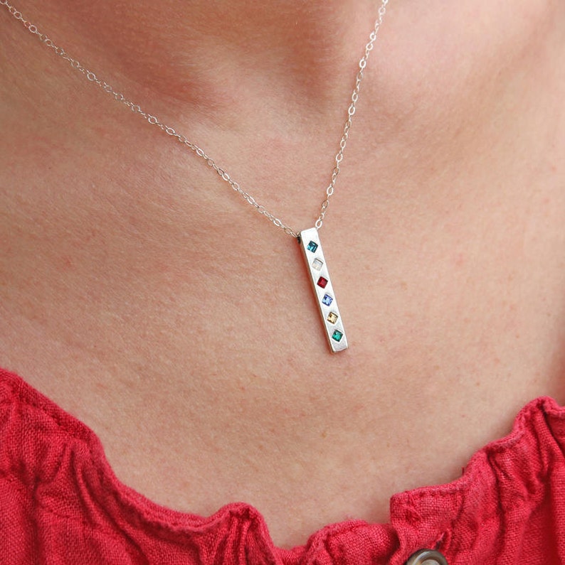Sterling Silver Bar Necklace With Birthstones Mothers Etsy