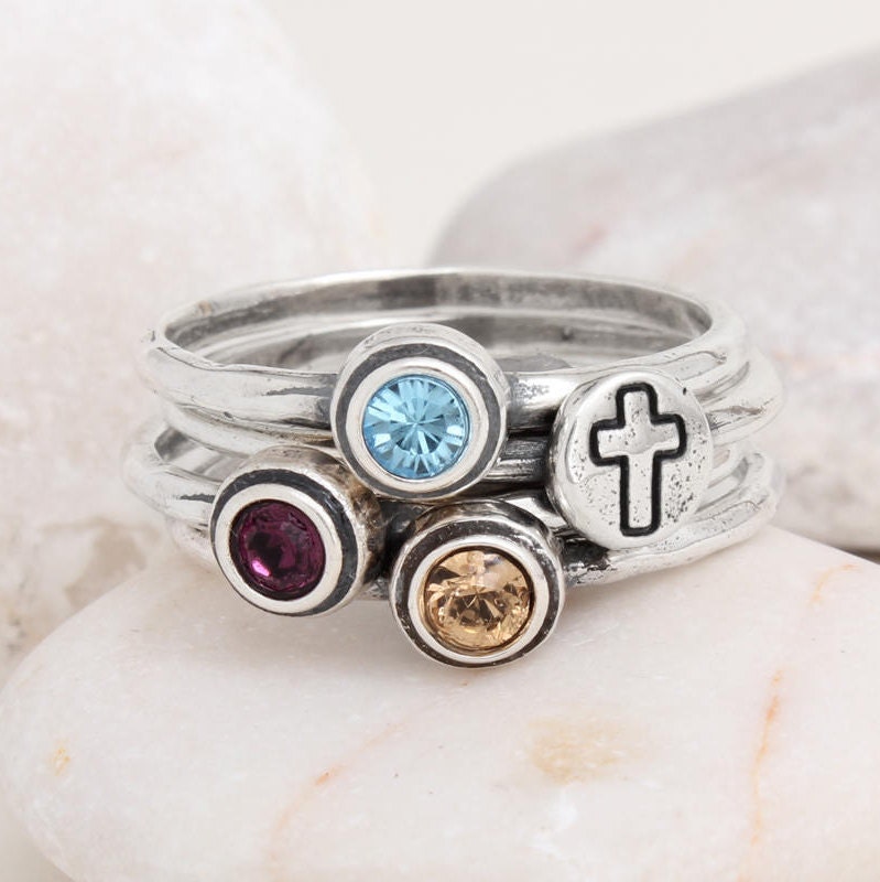 Stacking Birthstone & Cross Ring Set of 2 Sterling Silver | Etsy