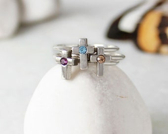 Cross Birthstone Stacking Ring • Sterling Silver Cross Birthstone Ring • Communion Ring • Faith Ring • Confirmation Gift • Christian Jewelry