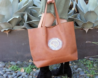 Leather Tote with Agate • Natural Leather Bag • Large Purse • Computer Bag • Work Tote • Diaper Bag • Boho Purse • Perfect Tote • Handmade