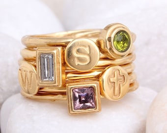 Handmade Stack Ring Set in Gold with Initials and Birthstones • Design your Stacking Ring • Best Mom Gift • Minimalist Rings • New Mom Gift