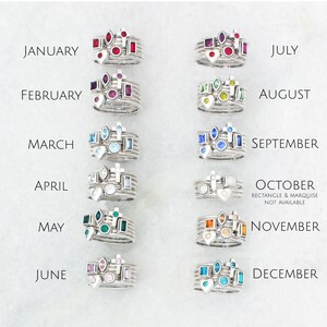 Pu&ograve; includere: Un set di 12 anelli d'argento, ognuno con una pietra preziosa di colore diverso che rappresenta un mese dell'anno. Gli anelli sono impilati, con gennaio in cima e dicembre in fondo. Le pietre preziose sono rosse, verdi, blu, bianche, rosa e arancioni.