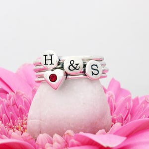 Initial & Birthstone Stacking Rings in Sterling Silver ~ Sets of 2 Rings • New Mom Gift • Mothers Ring Set • Handmade • Gemstone Ring