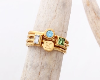 Gold Stack Ring Set with Initial and Birthstones • 4 Stacking Rings in 24K Gold Vermeil • Family Ring • Gold Rings that Stack • Mother's Day