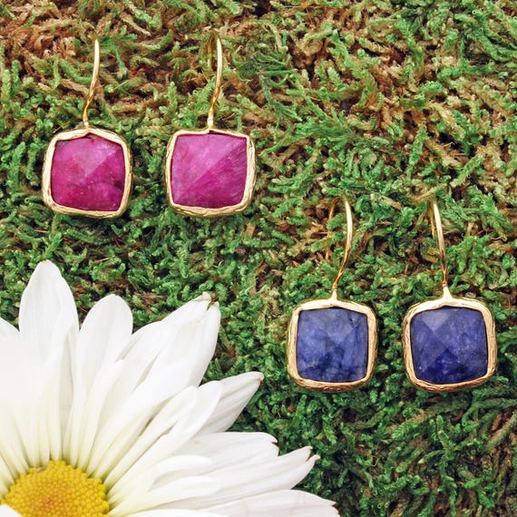 Gold Dangle Gemstone Earrings: Ruby, Emerald, Sap… - image 2