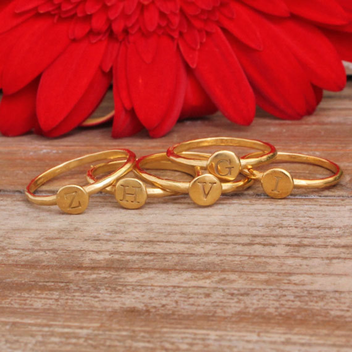 Gold Initial Rings Set of Two Stacking Rings With Initials Etsy