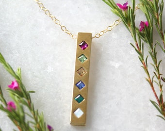 Gold Bar Necklace with Birthstones| Delicate Gold Bar Necklace| Personalized Family Necklace| Mothers Necklace| Gift for Her| Custom