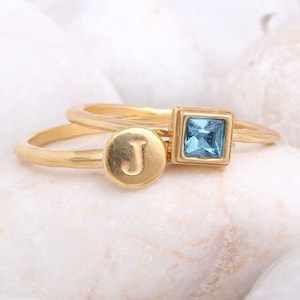 Handmade Stacking Initial Ring and Birthstone Ring Set • Gold Vermeil • Set of Two Stack Rings • Dainty • Minimalist • Gift for Her