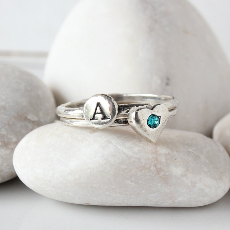 Initial and Birthstone Ring Set in Sterling Silver New Mom Gift Mother's Ring Set Minimalist Rings Gemstone and Letter Rings image 2