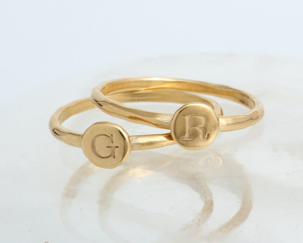 Gold Initial Rings • Set of Two Stacking Rings With Initials • Dainty ...