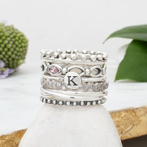 Minimalist Rings Stacking Bands with Initial and Birthstone Silver Stack Rings Mother&#39;s Ring Gift for Mom Boho Rings for Her