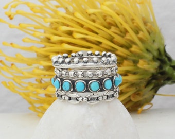 Turquoise and Silver Stack Ring Sterling Silver Stackable Birthstone Rings Turquoise Band Statement Ring • Western Rings