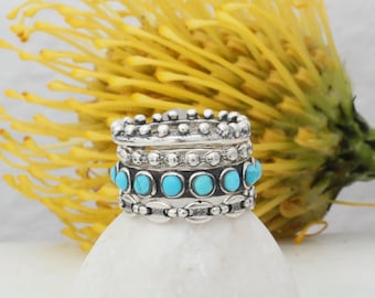 Anel de Prata Esterlina Turquesa Stack: Aliança Chic Western