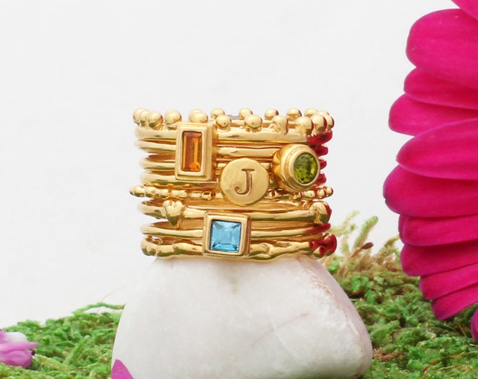 Gold Stack Rings • Modern Birthstone Ring •  Stacking Rings in 24K Gold Vermeil • Dainty Gold Bands • Handmade • Mother's Day • Gemstones