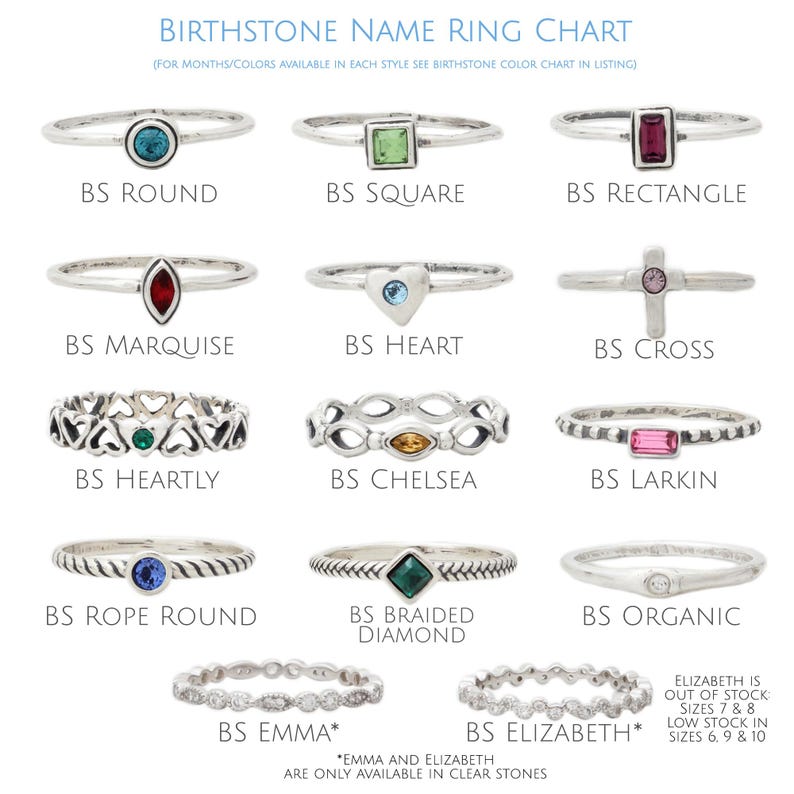 Pu&ograve; includere: Grafico che mostra diversi stili di anelli d'argento con opzioni di pietre di nascita. Gli stili includono rotondo, quadrato, rettangolo, marquise, cuore, croce, cuore, Chelsea, Larkin, rotondo a corda, diamante intrecciato, organico, Emma ed Elizabeth. Il grafico include un testo che indica che Emma ed Elizabeth sono disponibili solo in pietre trasparenti.