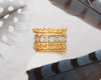 Anéis empilháveis de opala e ouro vermeil: conjunto de alianças de prata esterlina
