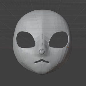 Puede incluir: Una máscara estilizada gris renderizada en 3D con grandes aberturas ovaladas para los ojos, una nariz pequeña y una boca curva. La máscara tiene una superficie lisa y geométrica sobre un fondo gris.