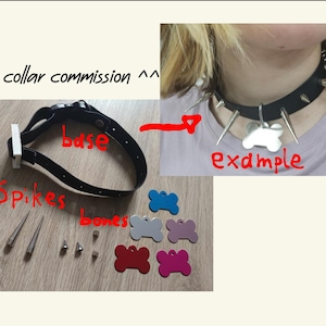 Pode incluir: Uma coleira preta para cães com pontas prateadas e uma etiqueta branca em forma de osso. A imagem também mostra etiquetas adicionais em forma de osso em azul, cinza, roxo, vermelho e rosa. O texto diz "Dog collar commission ^^".