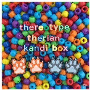 May include: A colorful assortment of plastic beads in various colors, with the words "stereotype therian kandi box" in colorful letters. Four paw-shaped charms are at the bottom.