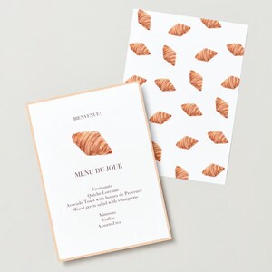 Invitación con croissant francés *MÁS* plantilla de menú / Brunch de bistró / Invitación digital personalizable e imprimible / Diseño parisino de pastel de acuarela