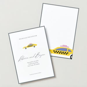Plantilla para guardar la fecha de la boda / Boda urbana minimalista moderna / Taxi amarillo de Nueva York / Diseño de arte de acuarela de taxi editable en Canva