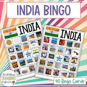 Juego de bingo de la India - Imprimible y digital - 40 cartones de bingo - Imágenes y pistas - PDF/PPT - Festivales, cultura, geografía, comida y animales de la India