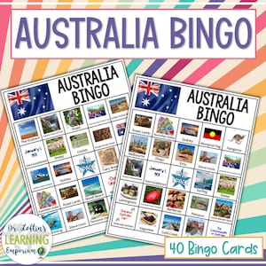 Juego de bingo de Australia - Imprimible y digital - 40 cartones de bingo - Imágenes y pistas - PDF/PPT - Fiesta del Día de Australia, Cultura, Geografía, Animales