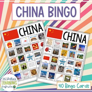 Puede incluir: Un conjunto de 40 tarjetas de bingo con temática china. Cada tarjeta presenta una cuadrícula de 5x5 con imágenes y palabras relacionadas con China, como la Gran Muralla, los pandas y el té. Las tarjetas están impresas en papel blanco con un borde negro.