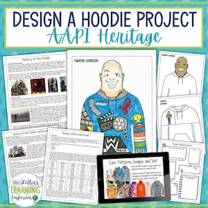 Könnte beinhalten: Ein Designprojekt für die Gestaltung eines Hoodies, inspiriert vom AAPI-Erbe. Das Projekt umfasst eine Geschichte des Hoodies, Designvorlagen und Beispiele für Hoodies mit verschiedenen Mustern, Farben und Bildern. Der Text "Design a Hoodie Project AAPI Heritage" befindet sich oben im Bild.