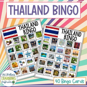May include: A set of 40 Thailand Bingo cards. Each card features a 5x5 grid with images representing Thai culture, food, and landmarks. The cards are printed on white paper with a colourful background.