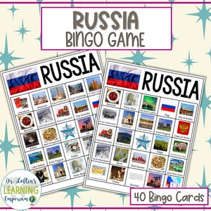 May include: A set of 40 bingo cards with images and text related to Russia. The cards feature images of the Russian flag, a polar bear, a coat of arms, a red square, and more. The text on the cards includes words like "literature", "borsche", "ballet", and "taiga".