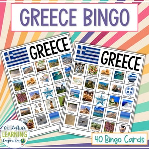 Jeu de bingo en Grèce - Imprimable et numérique - 40 cartes de bingo - Images et indices - PDF/PPT - Fête de l'indépendance de la Grèce, culture, géographie, nourriture