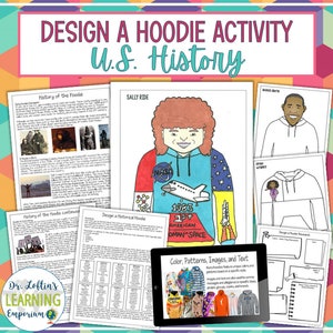 Op de afbeelding: Een printbare activiteit voor het ontwerpen van een hoodie met een Amerikaans historisch thema. De activiteit omvat een geschiedenis van de hoodie, een ontwerptemplate en een sectie met kleur, patronen, afbeeldingen en tekst. De activiteit bevat een kleurrijke illustratie van Sally Ride, de eerste Amerikaanse vrouw in de ruimte, die een hoodie draagt met een spaceshuttle en de tekst "1983 Eerste Amerikaanse vrouw in de ruimte".